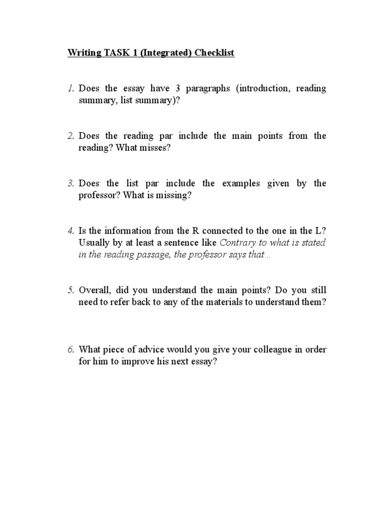 Integrated Writing Task 1 Checklist | PDF | Language Arts & Discipline ...