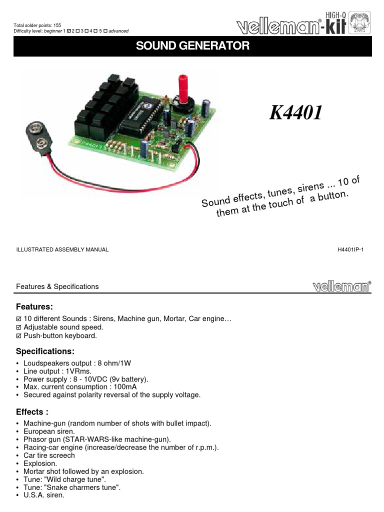 Sound Effects Generator Kit PDF Printed Circuit Board Loudspeaker