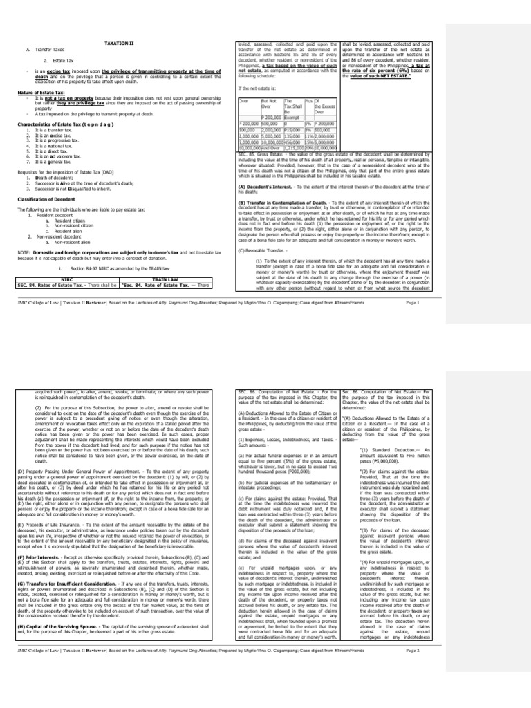 Prelims Reviewer | PDF | Estate Tax In The United States | Tax Deduction