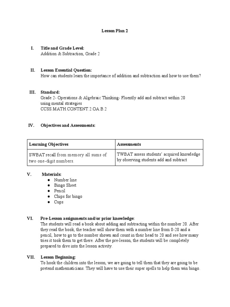 Grade 2 Addition & Subtraction Lesson Plan | PDF | Lesson Plan | Change