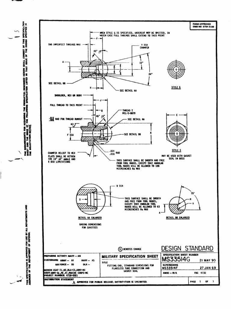 MS33514 Fitting End, Standard Dimensions for Flareless Tube Connection