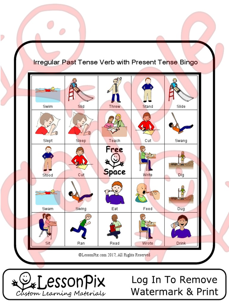 Irregular Past Tense Verb With Present Tense Bingo Swim Threw Slide