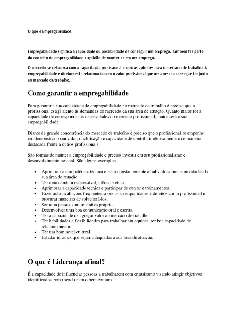 O Que É Empregabilidade | PDF | Liderança | Conceitos psicológicos