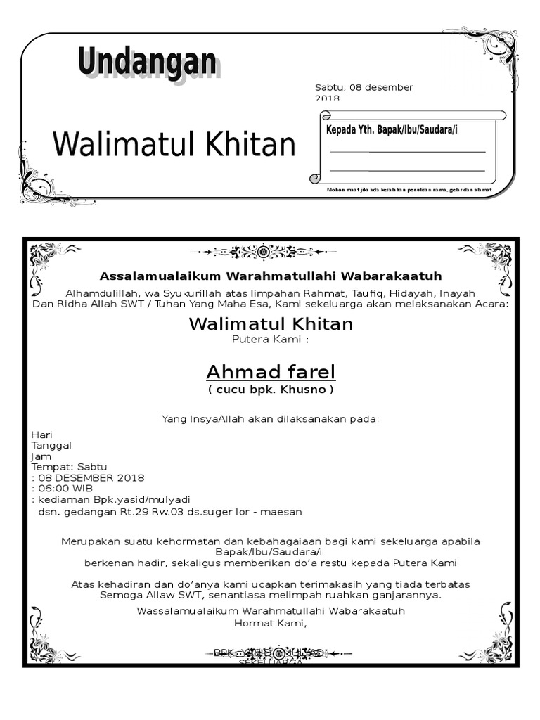 Contoh Undangan Sunat Rasul Atau Undangan Khitanan Dengan