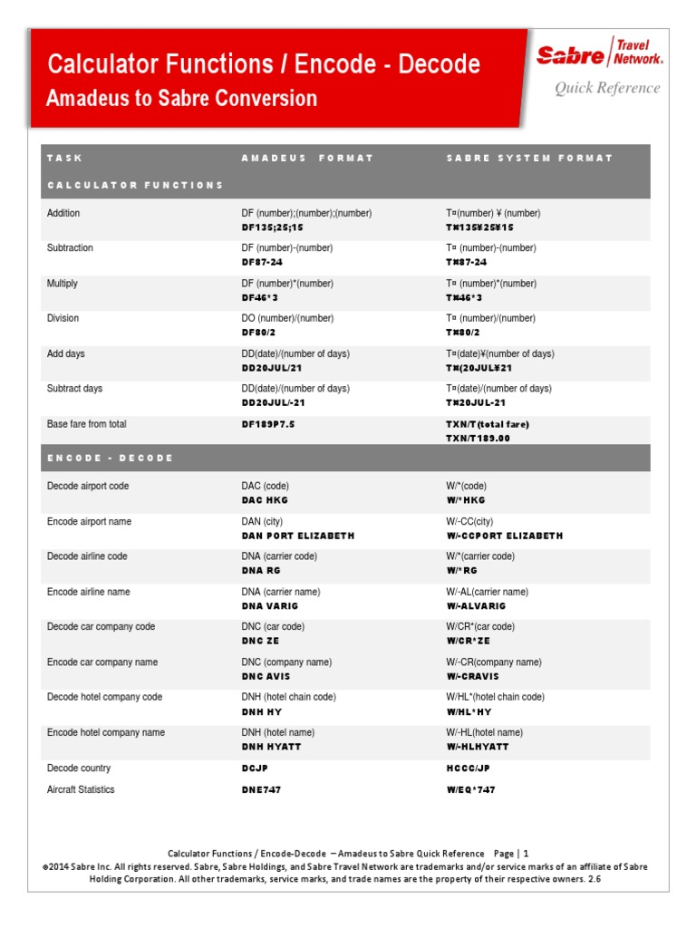 Calculator Functions / Encode - Decode: Amadeus To Sabre Conversion ...
