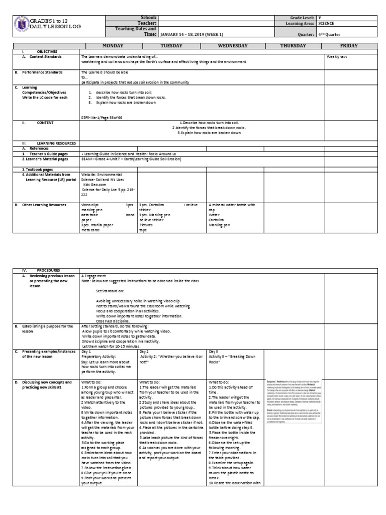 Grade 5 Science DLL: Week 1 Q4 | PDF | Soil | Teachers
