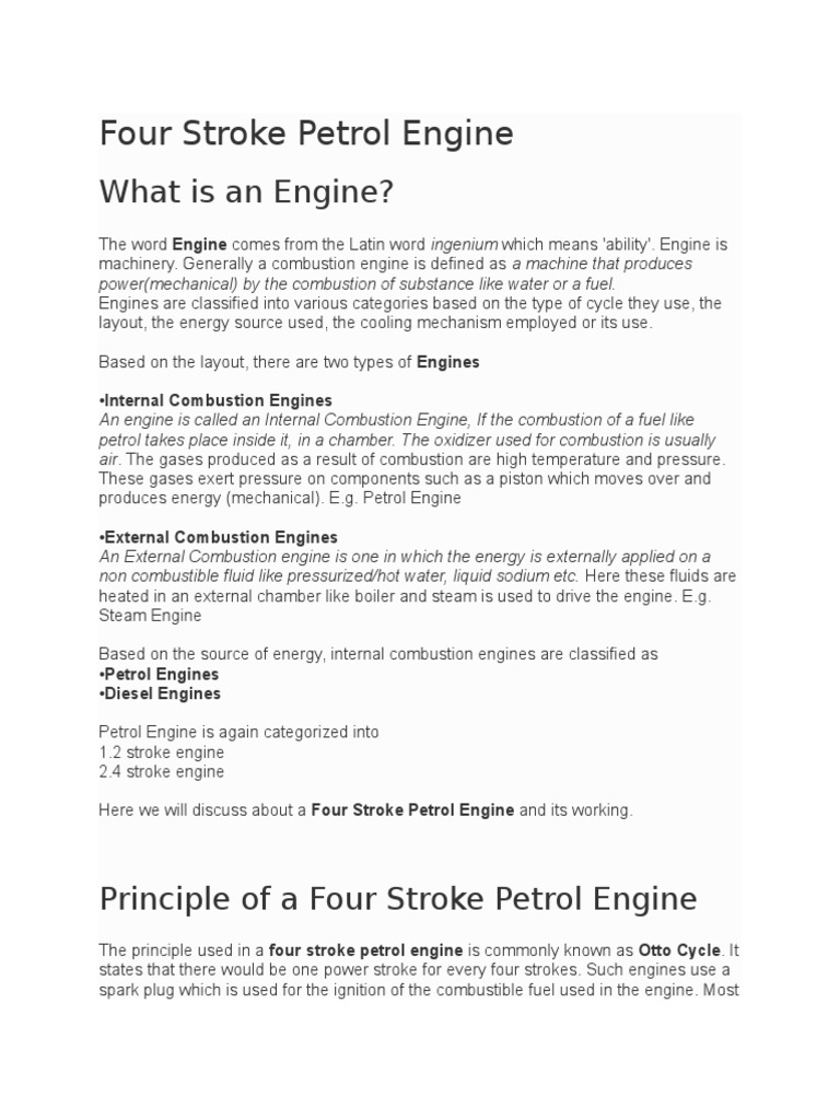 Four Stroke Petrol Engine Explained | PDF | Internal Combustion Engine ...