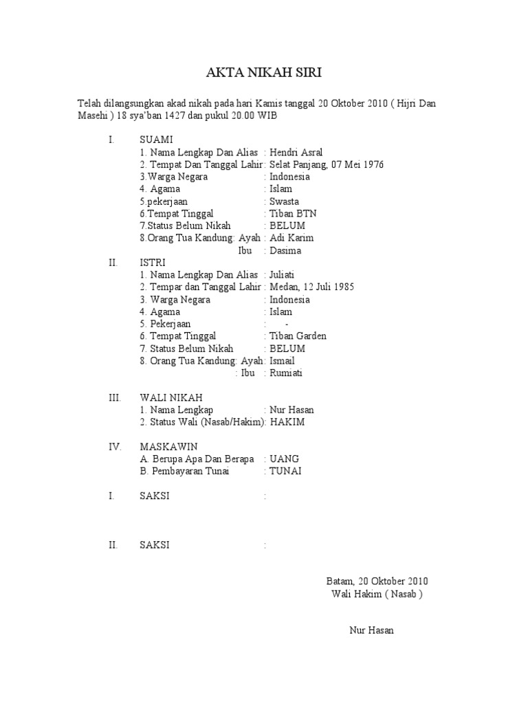 Contoh Surat Nikah Siri Kosong Pdf / Pernyataan Nikah Contoh Surat Nikah Siri Kosong Pdf Nusagates : Nama tempat, tanggal lahir umur agama pekerjaan alamat.