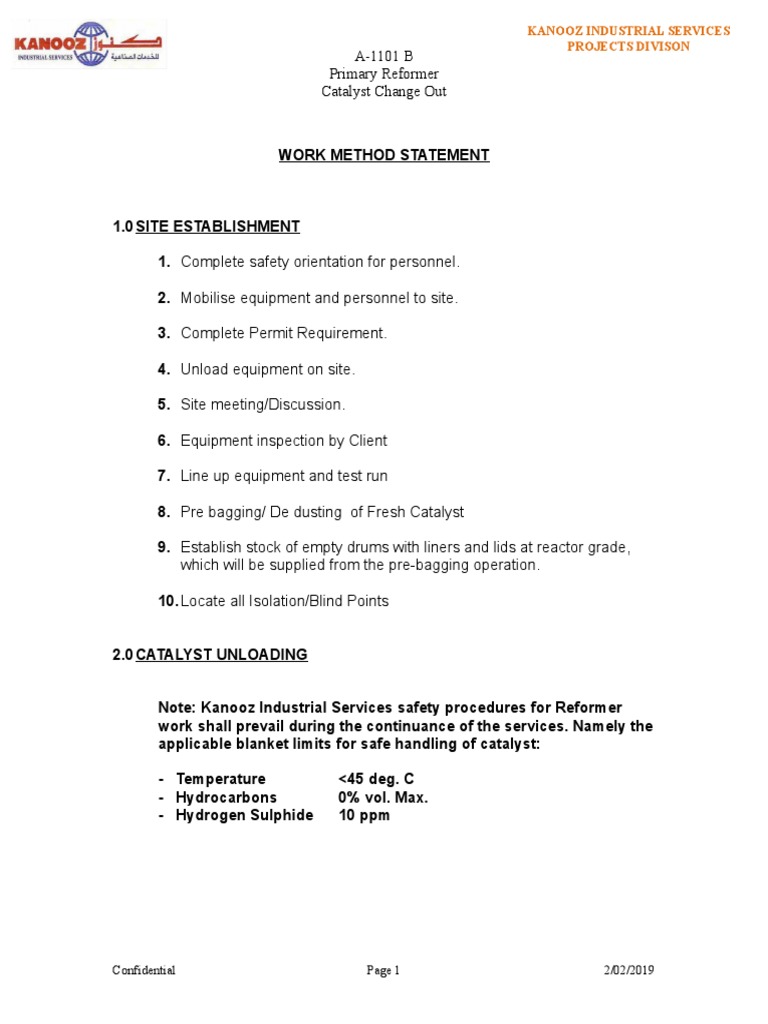 A1101 B Primary Reformer Catalyst Change Out Work Method Statement