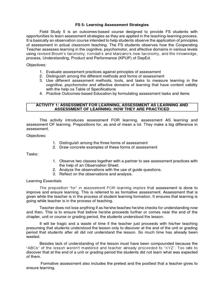 Observation Sheet for Assessment Strategies | PDF | Educational ...