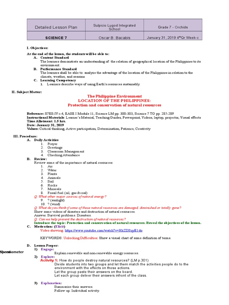 Grade 7 Lesson Plan: Natural Resources | PDF | Conservation (Ethic ...