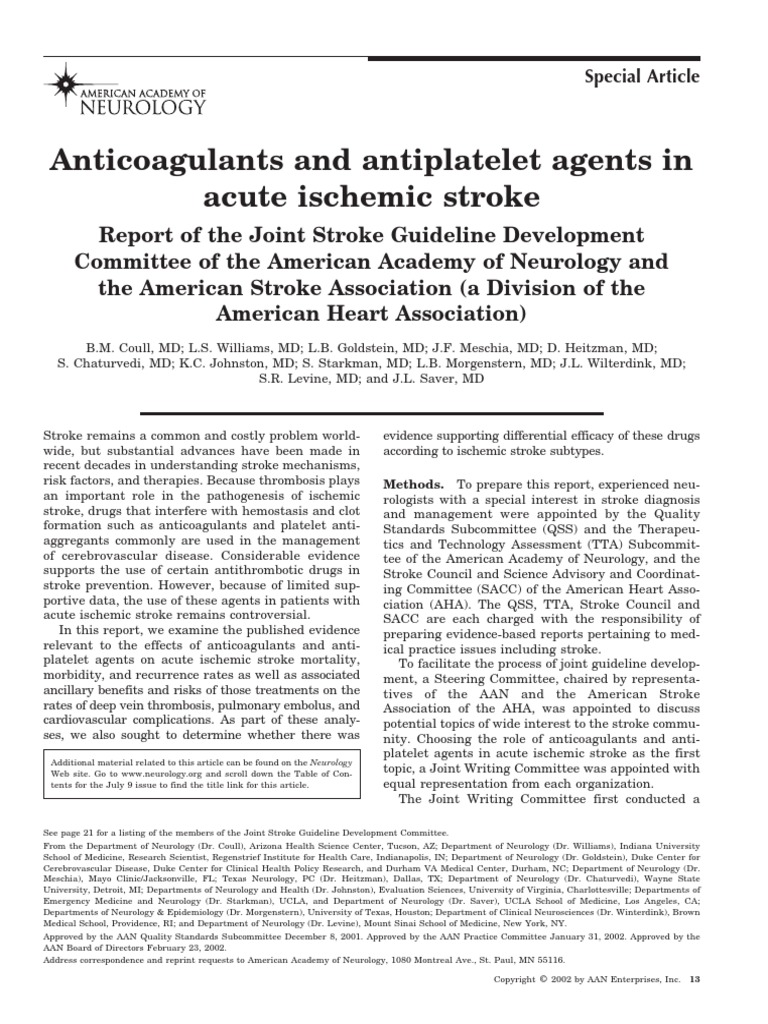 Anticoagulants and Antiplatelet Agents in Acute Ischemic Stroke | PDF ...