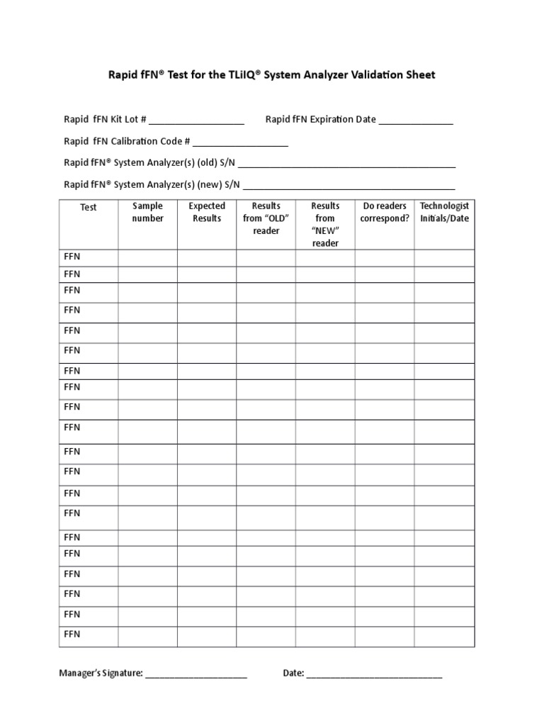 Rapid FFN® Test For The Tliiq® System Analyzer Validation Sheet | PDF ...