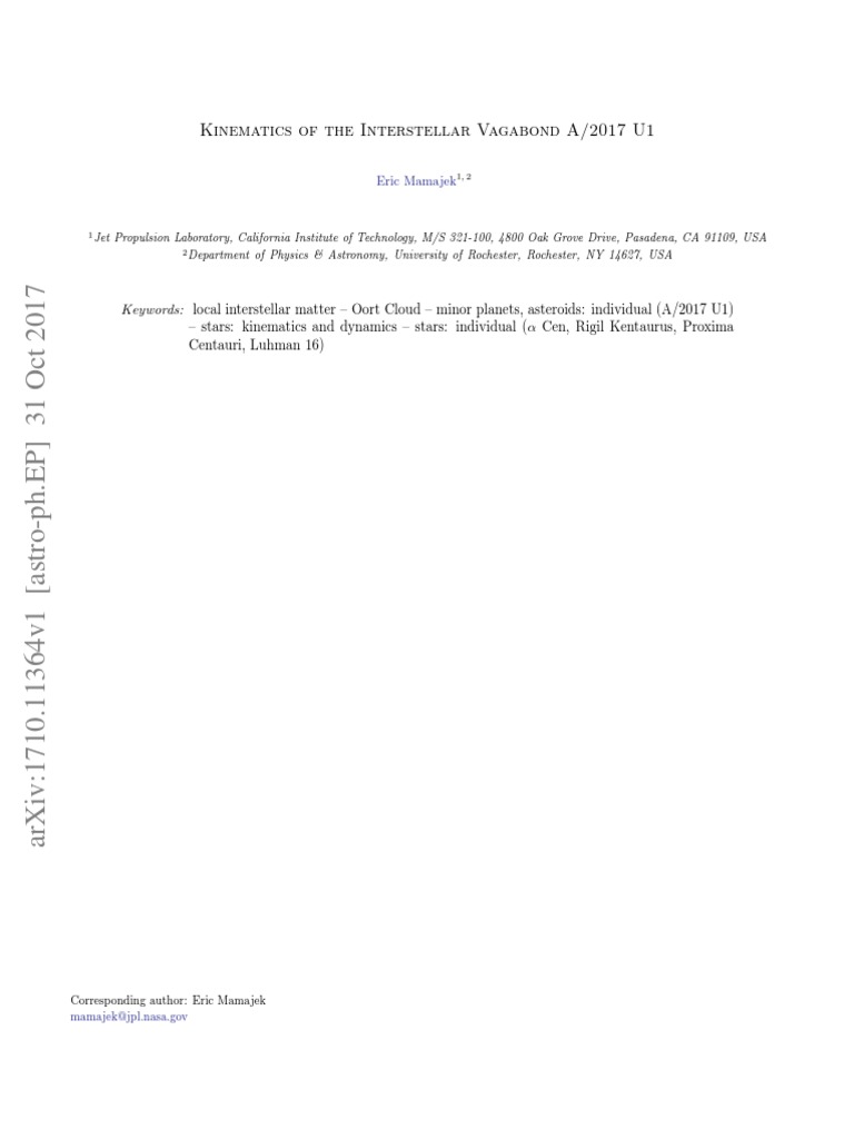 Kinematics of The Interstellar Vagabond A/2017 U1: Eric Mamajek | PDF ...