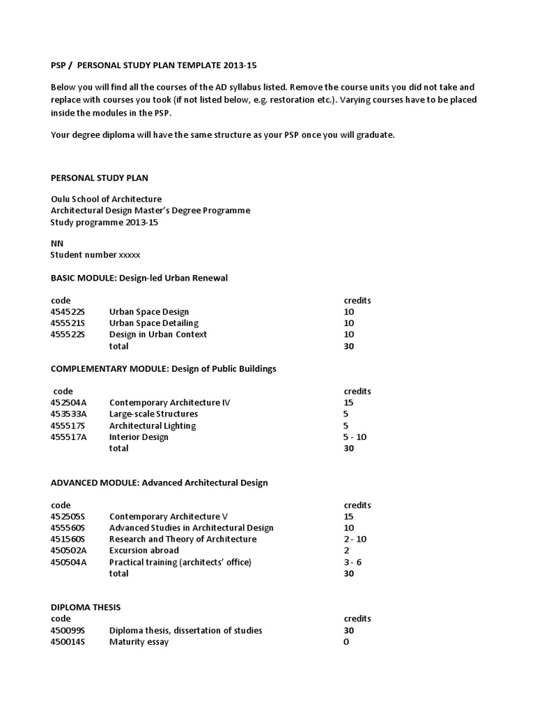 Personal Study Plan Template 2013-15 | PDF | Academic Degree | Thesis