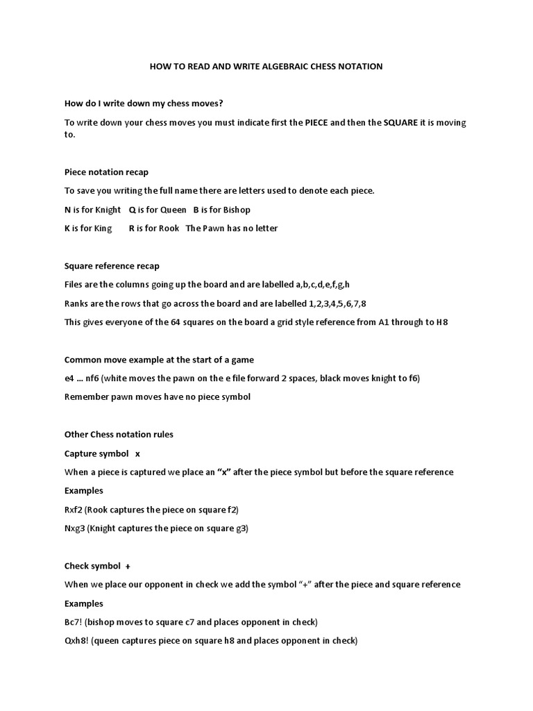 Algebraic Chess Notation Guide | PDF | Chess | Abstract Strategy Games