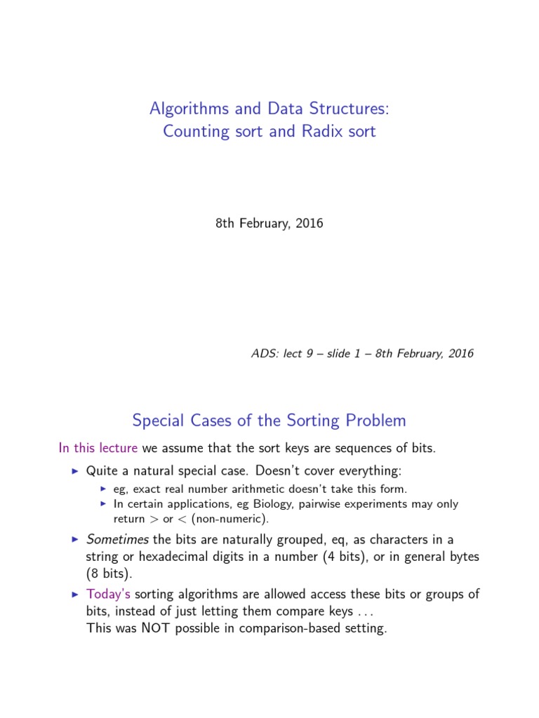 Algorithms and Data Structures: Counting Sort and Radix Sort | PDF ...