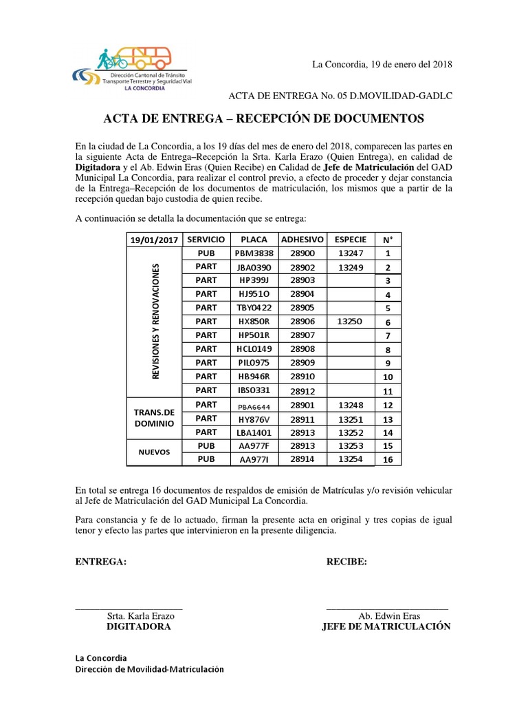 Acta De Entrega Recepcion De Documentos Nuevos Violencia