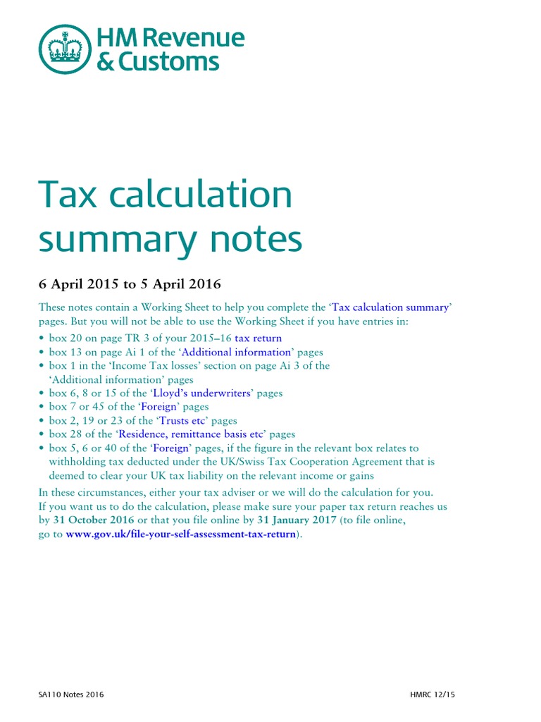 Tax Calculation Summary Notes: 6 April 2015 To 5 April 2016 | PDF | Tax ...