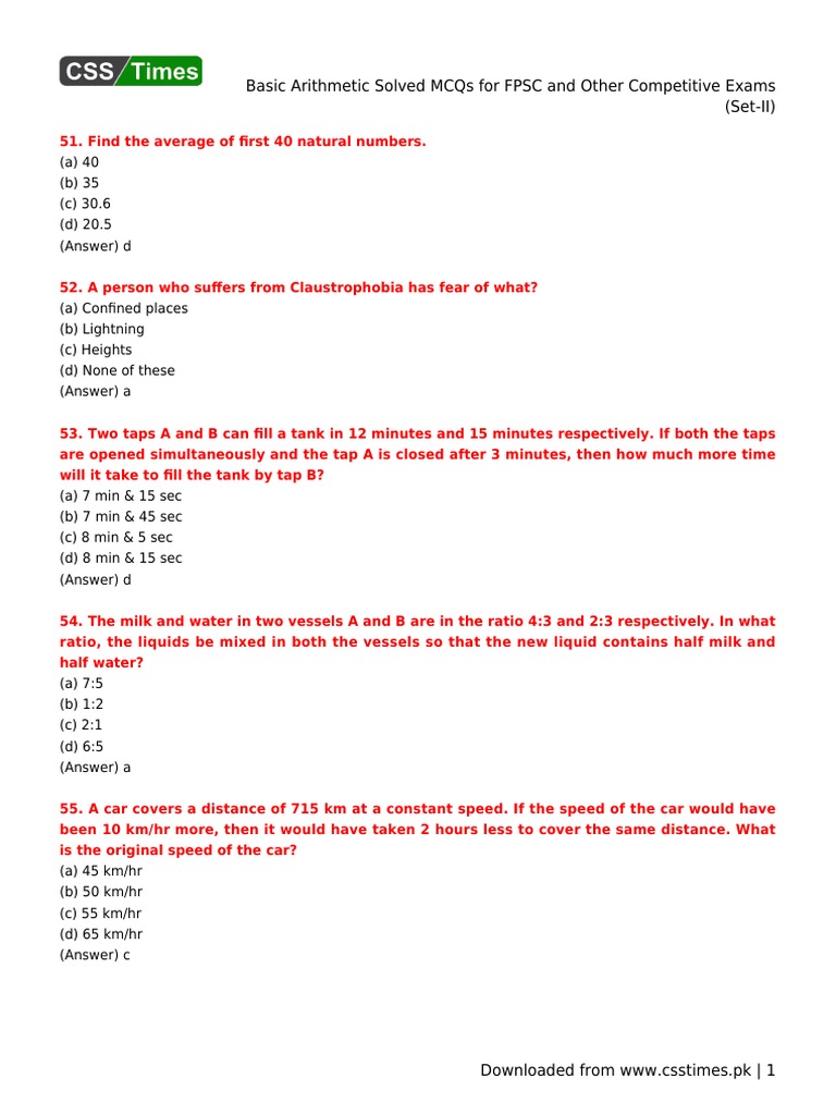 Basic Arithmetic Solved MCQs For FPSC and Other Competitive Exams (Set ...