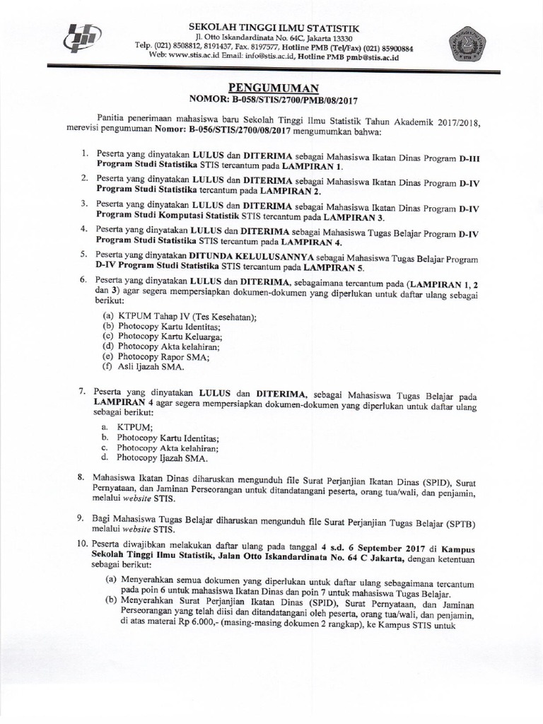 Revisi Pengumuman Kelulusan Stis 2017 Pdf