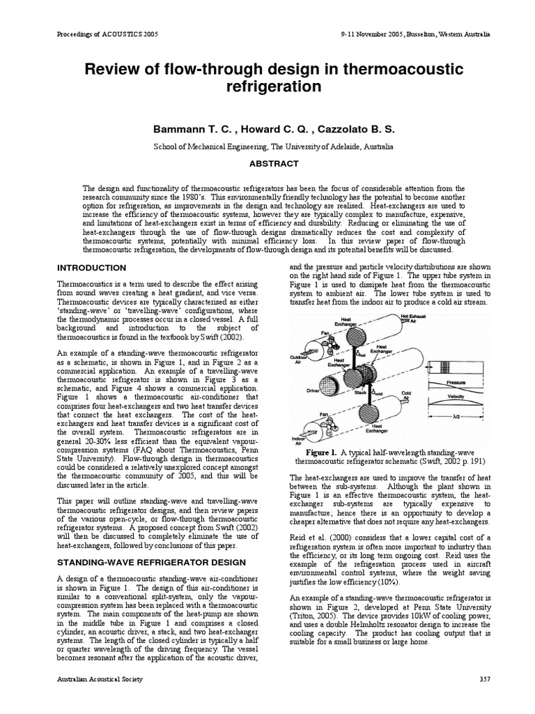 Review of FlowThrough Design in Thermoacoustic Refrigeration PDF