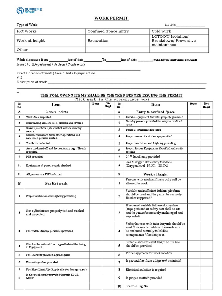 F.hse.07 Work Permit | PDF | Personal Protective Equipment | Safety