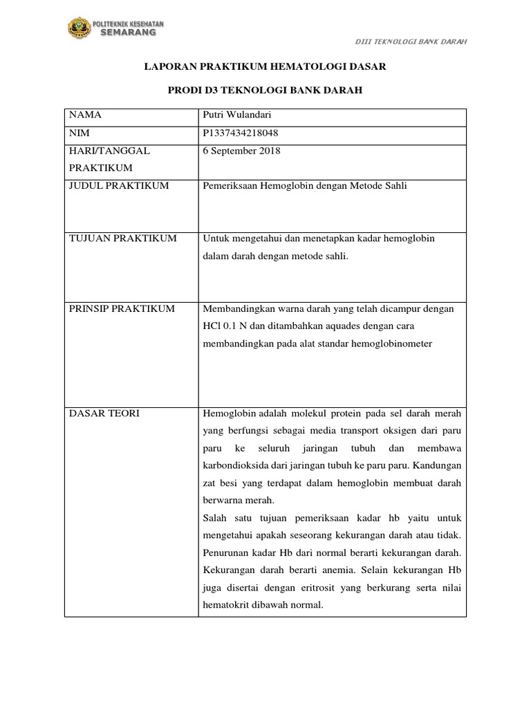 Laporan Praktikum Iii Kadar Hb M Sahli