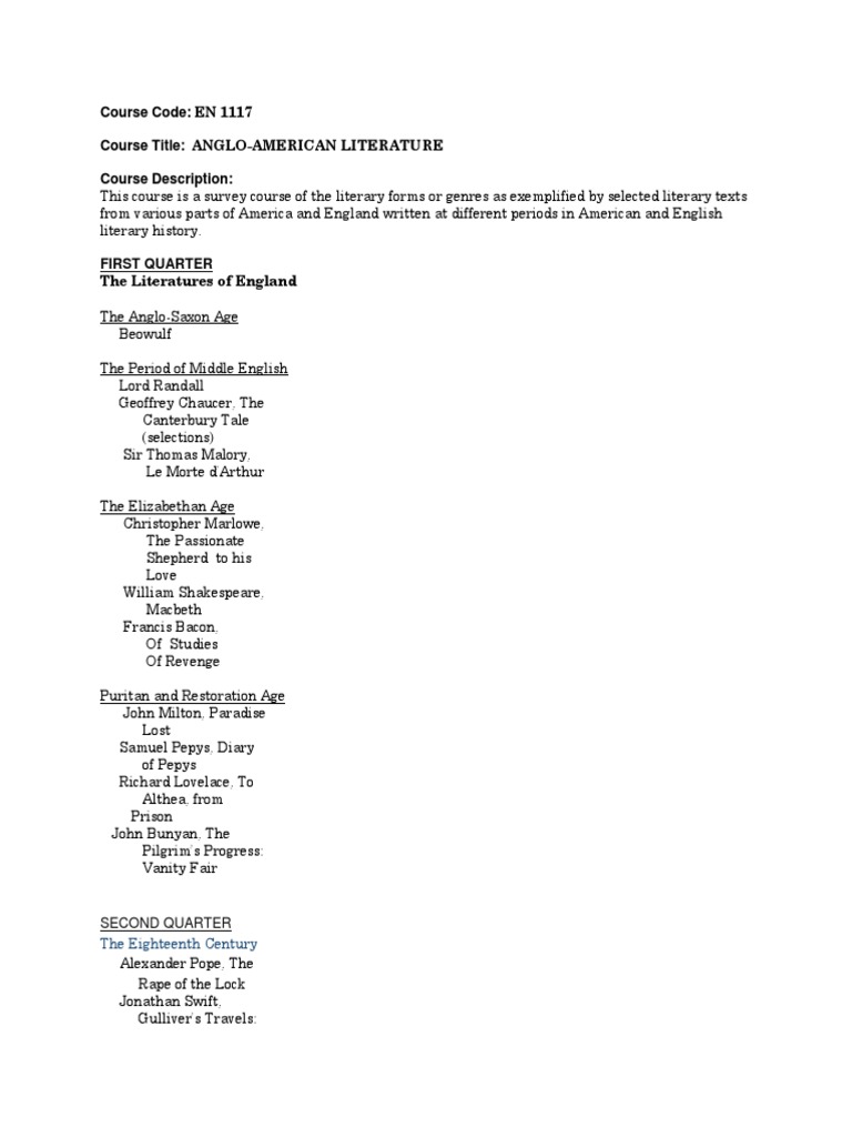 Course Code: EN 1117 Course Title: Anglo-American Literature Course ...