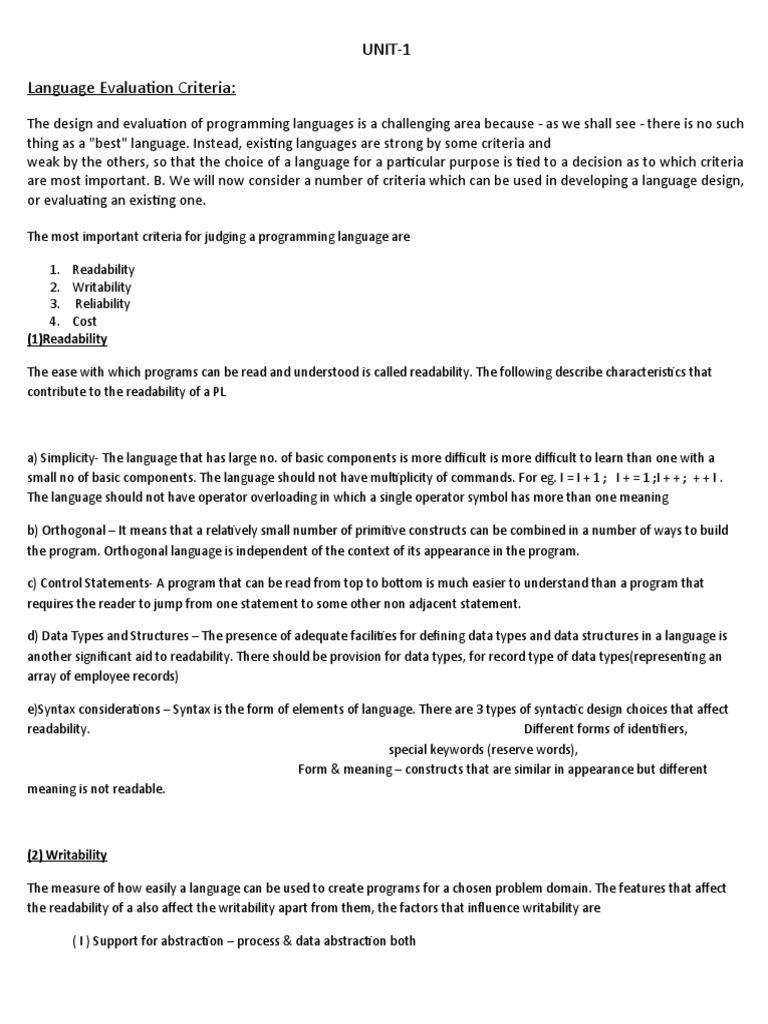 UNIT-1 Language Evaluation Criteria:: (1) Readability | PDF | Object ...