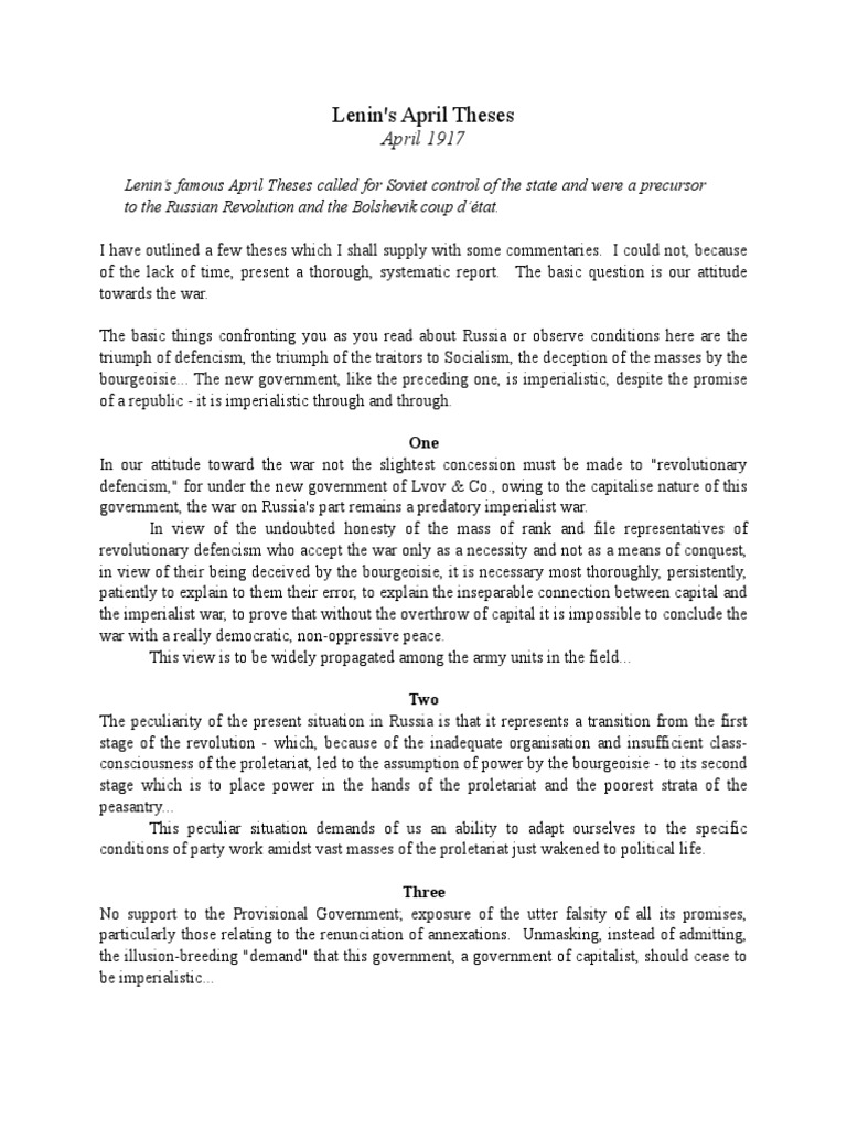 Lenins April Theses PDF | Download Free PDF | Vladimir Lenin | Soviet Union