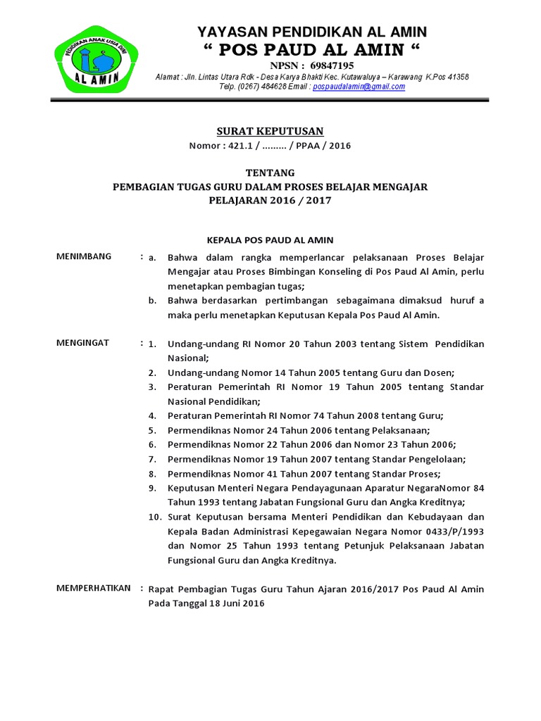 E03 Contoh Sk Pembagian Tugas Mengajar Guru Paud