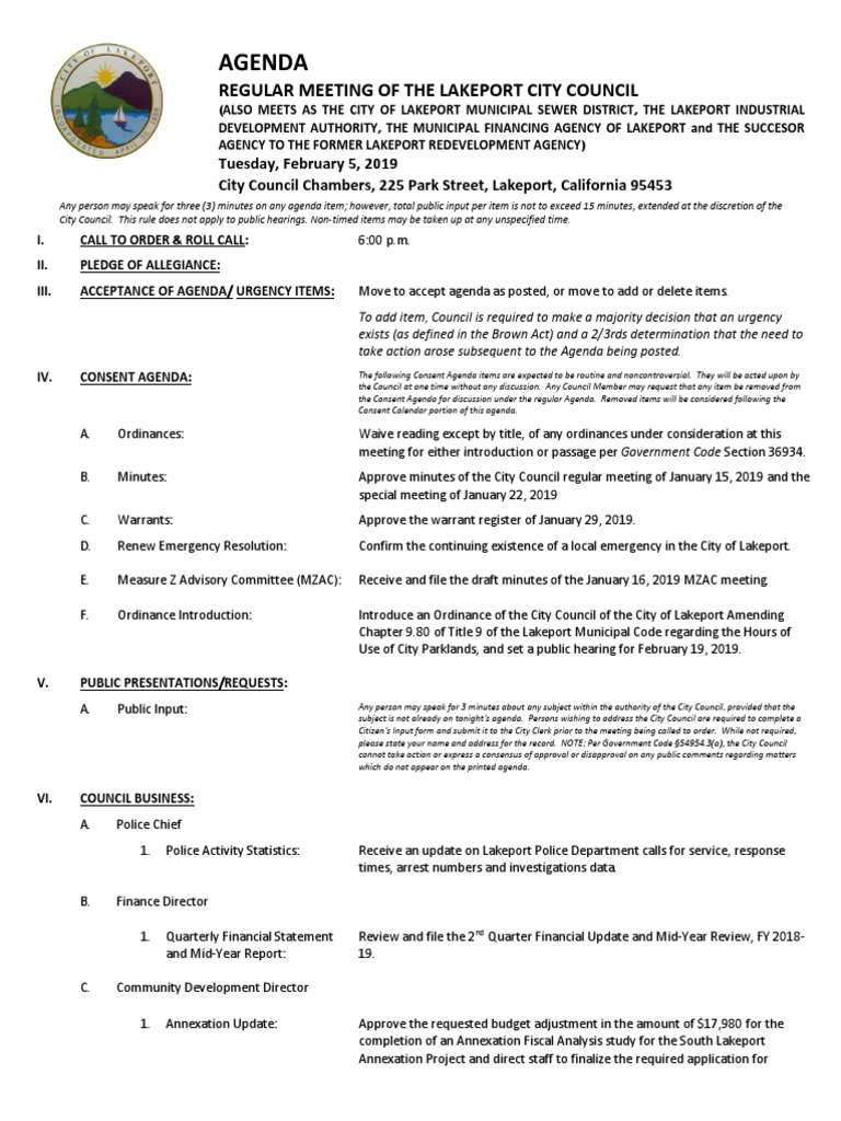 Lakeport City Council Meeting Agenda Packet | PDF | Government | Business