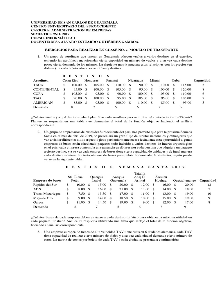 Ejercicios de Modelo de Transporte en Clase | PDF | aerolíneas | Transporte