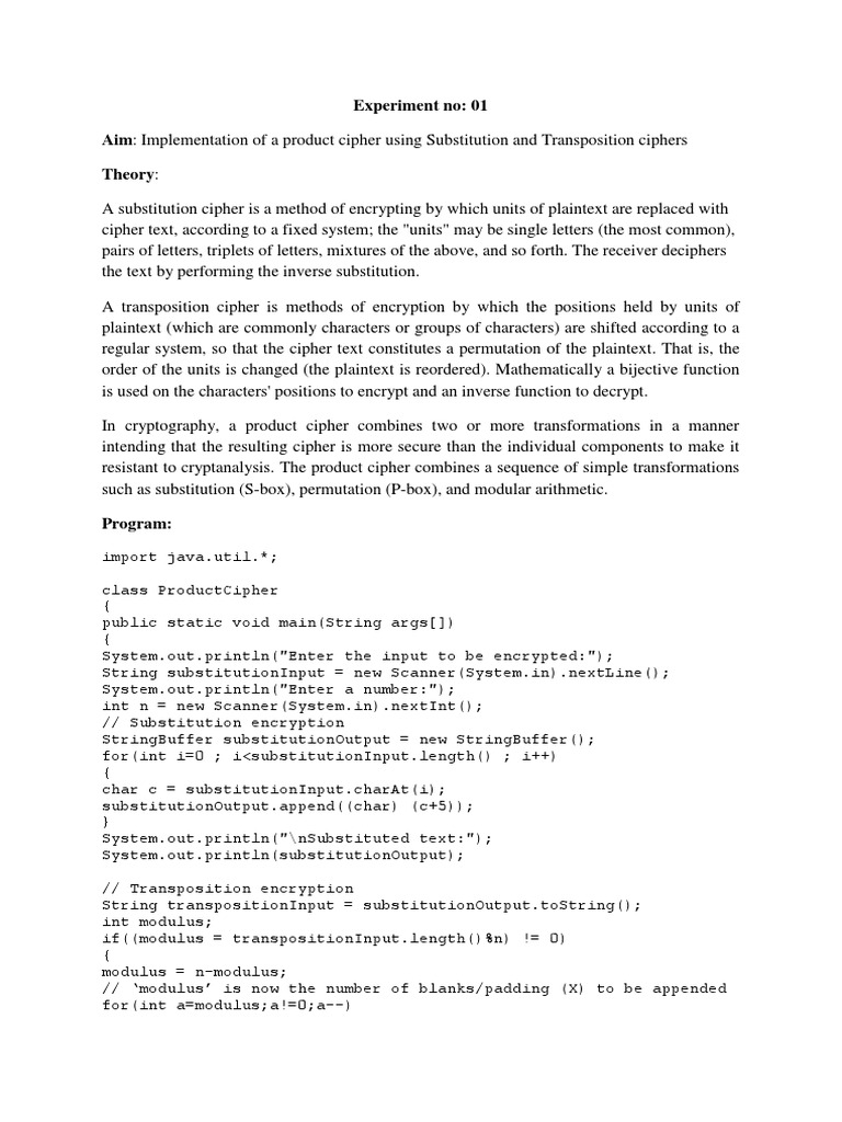 Product Cipher: Substitution & Transposition | PDF | Cipher | Cryptography