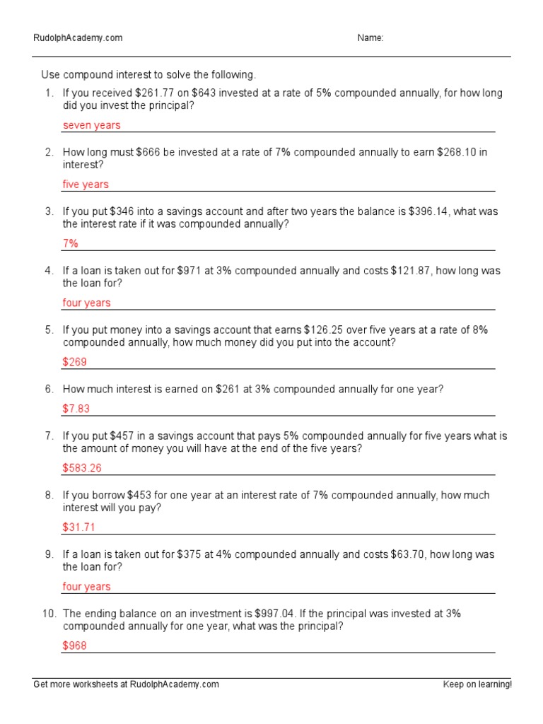 Compound Interest Worksheet B Answers  Compound Interest  Interest Pertaining To Simple Interest Worksheet Pdf