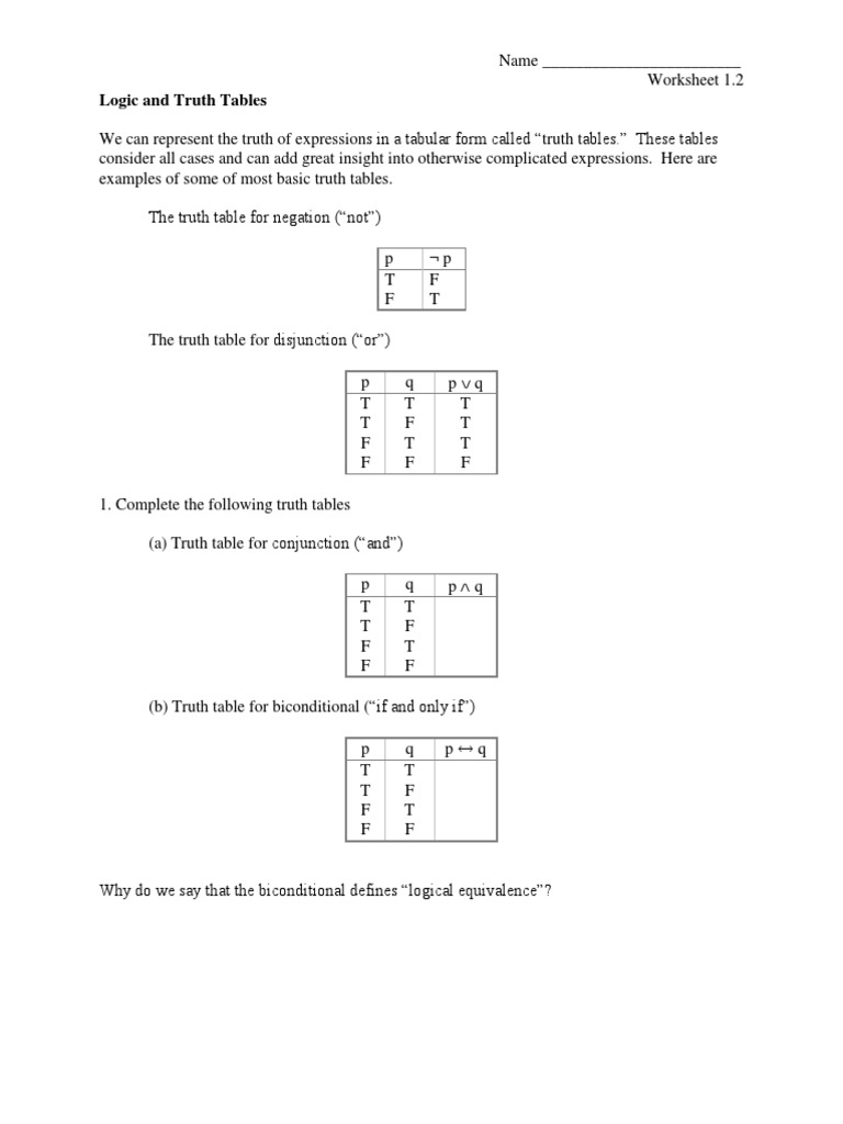 Logic Worksheet Metalogic Truth