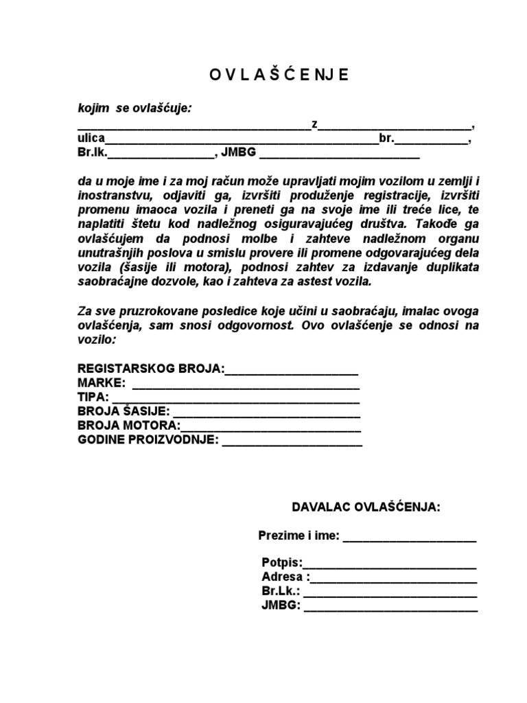 Opste ovlascenjeBLANKO