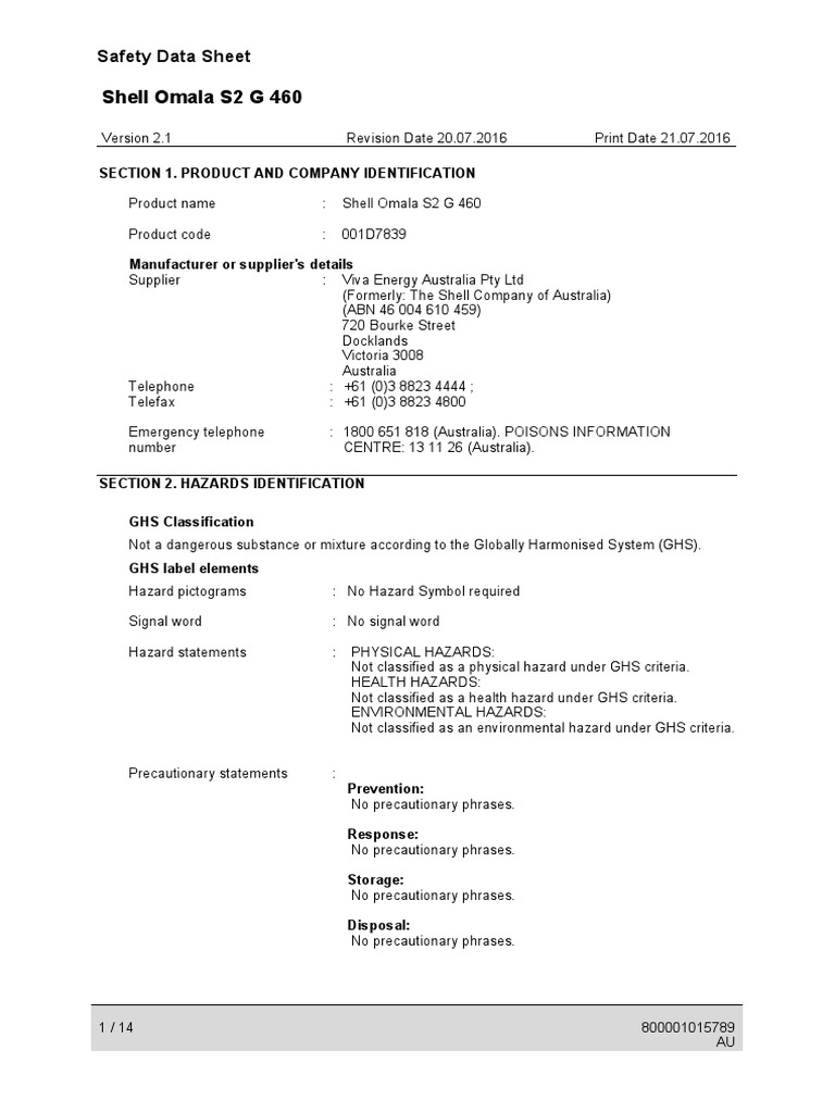 Shell Omala S2 G 460: Safety Data Sheet | PDF | Personal Protective ...