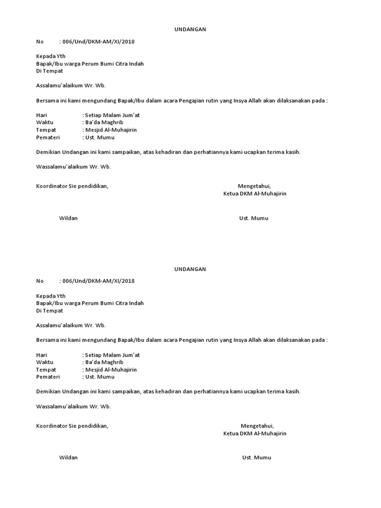 Contoh Undangan Pengajian Rutin