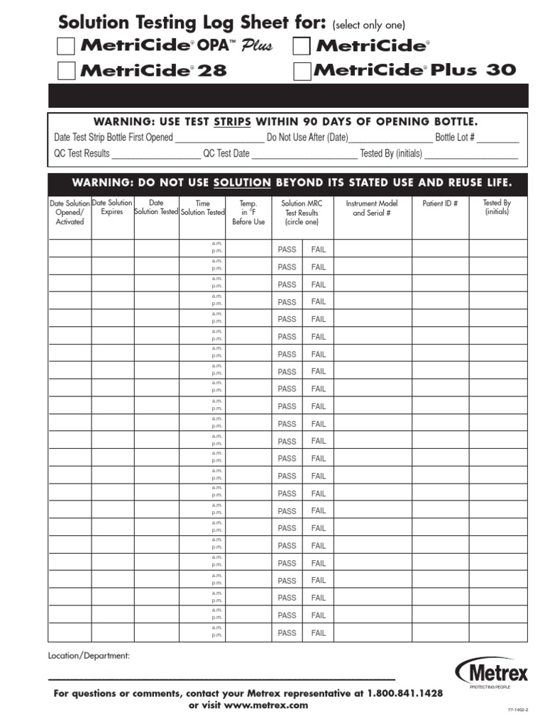 Metricide Solution Testing Log Sheet 77 1402