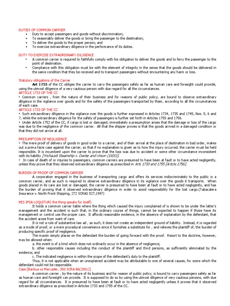 Duties of Common Carrier PDF Common Law Legal Concepts