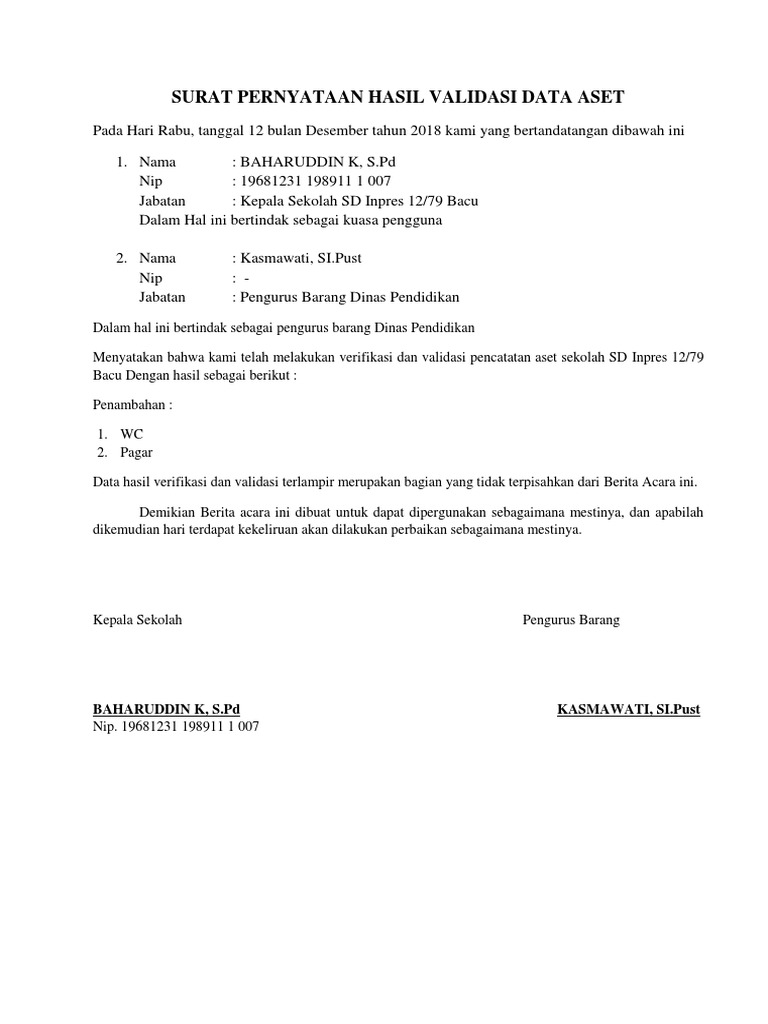 Surat Pernyataan Hasil Validasi Data Aset