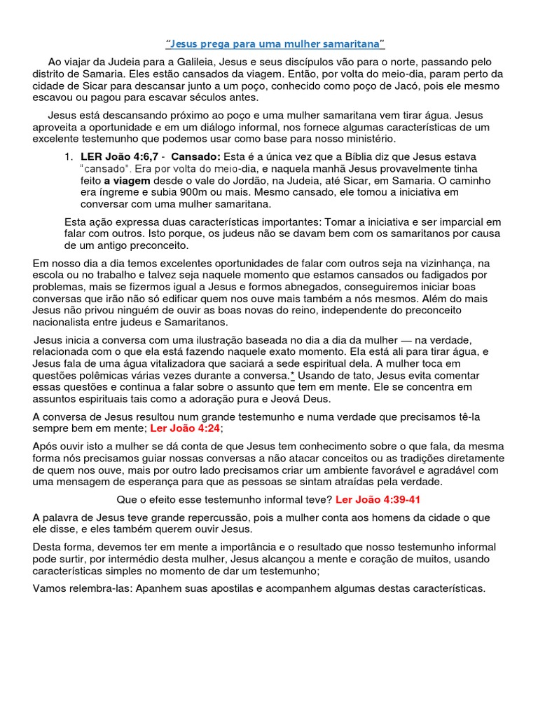 Pregação sobre a Mulher Samaritana | PDF | Samaritanos | Jesus