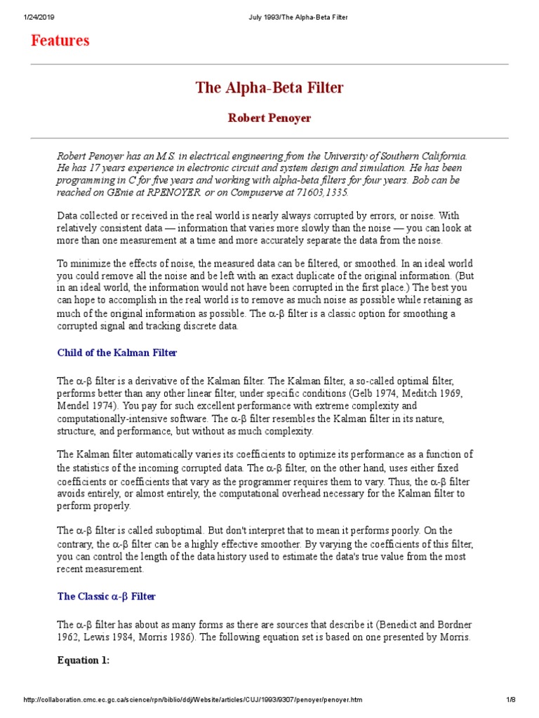 July 1993 The AlphaBeta Filter PDF Kalman Filter Prediction