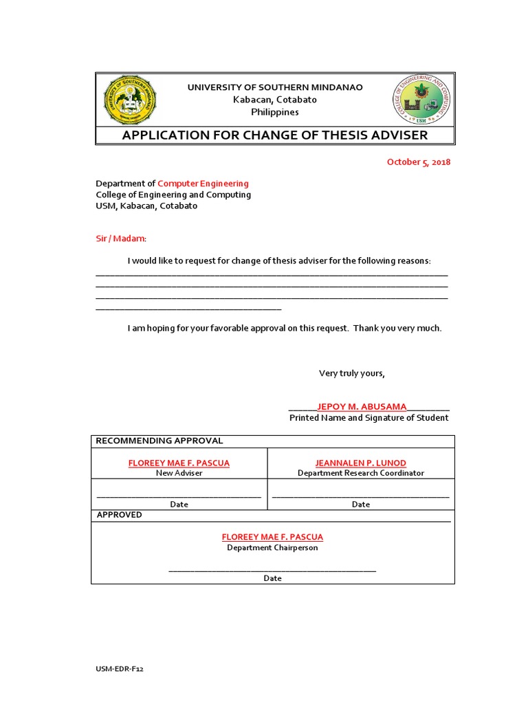 EDR-F12-APPLICATION FOR CHANGE OF RESEARCH ADVISER Edited | PDF