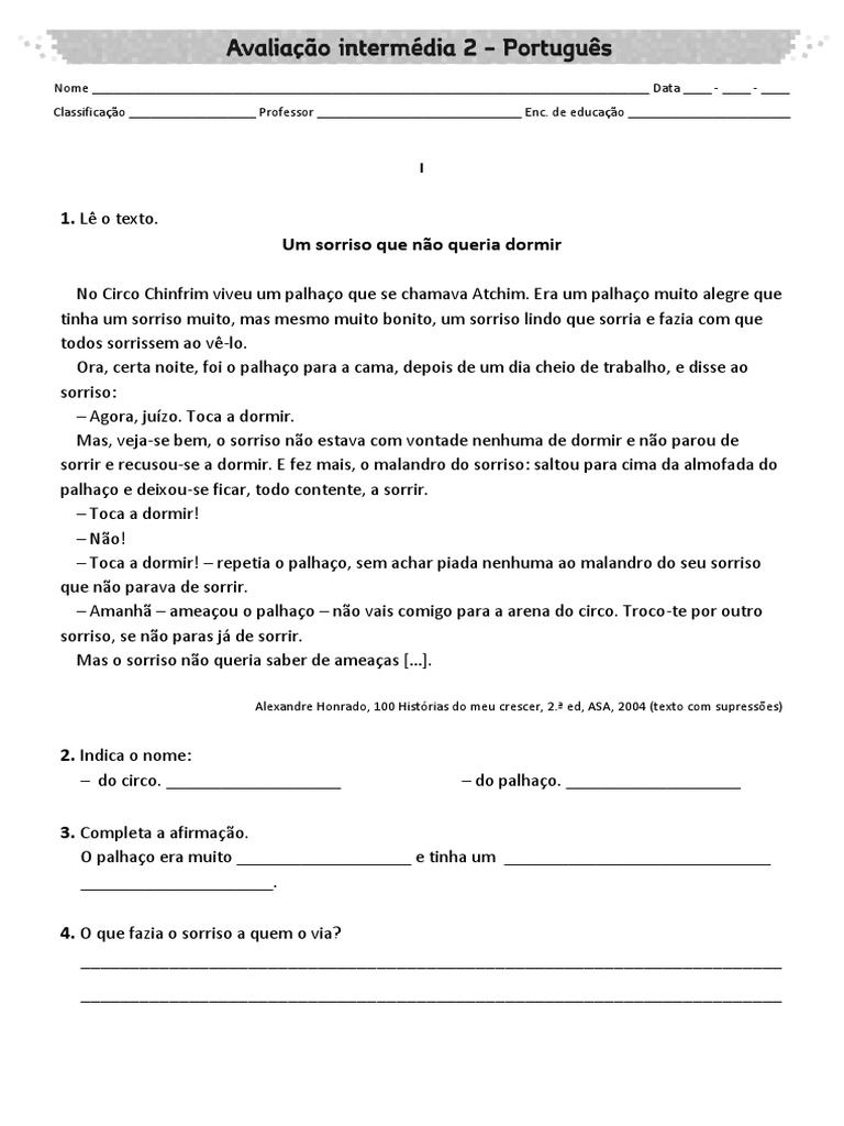 Avaliação Intermediária de Português 2º Ano | PDF
