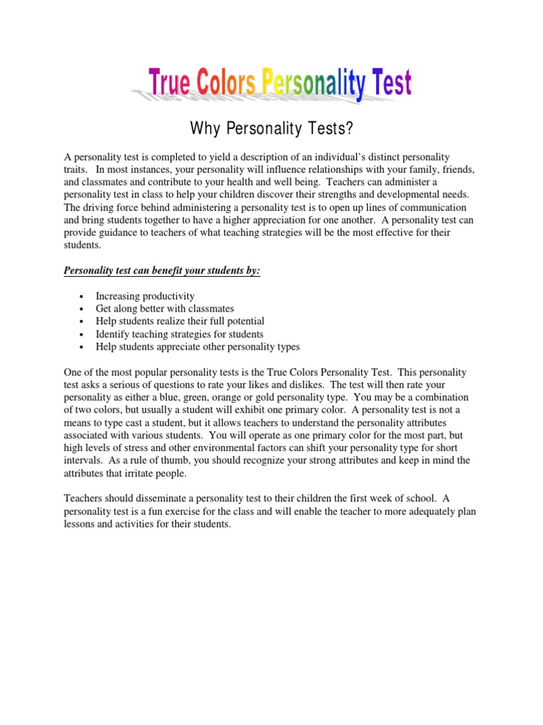 True Colors Personality Test for Students | PDF | Phrase | Love