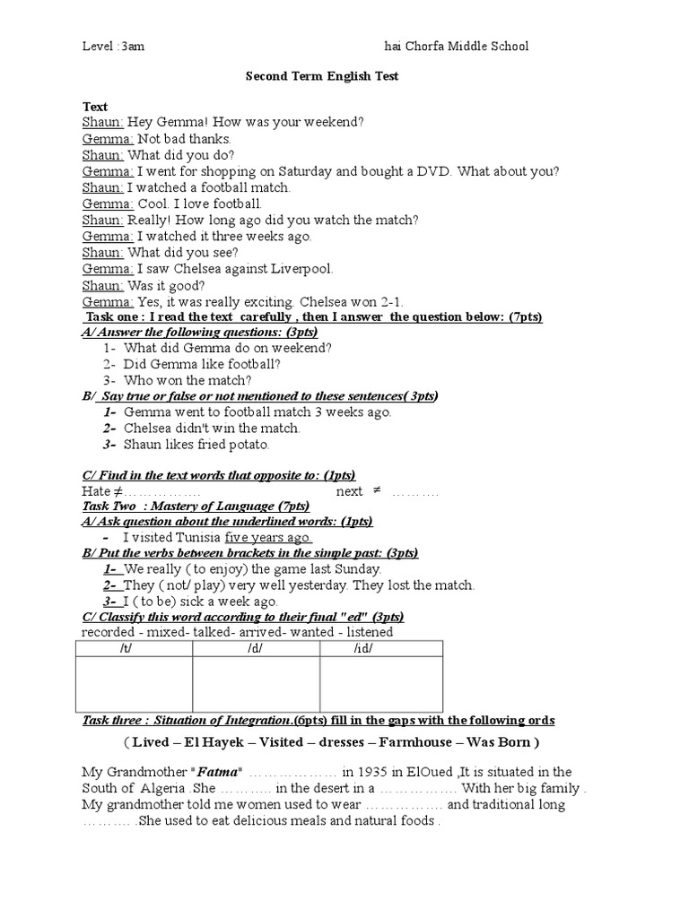 3MS - Second Term First Test L 2018-2019 | PDF | Language Arts & Discipline