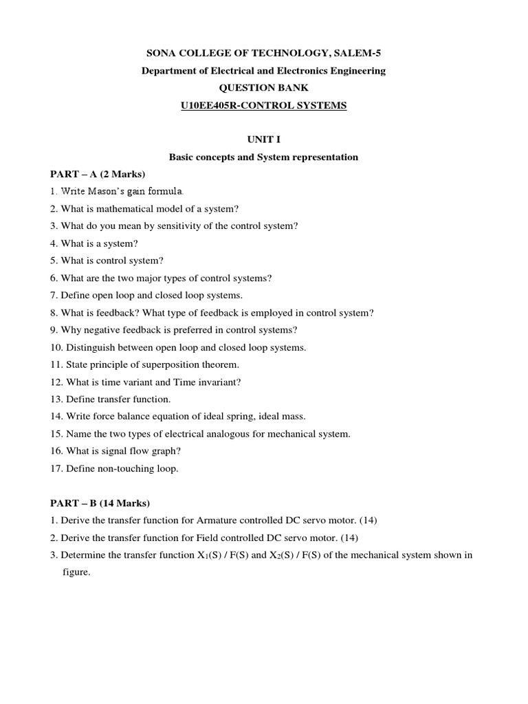 Control Systems Question Bank PDF Control Theory